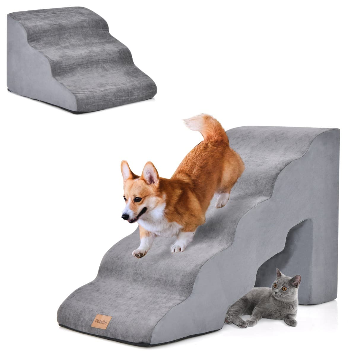 CostwayLot de 2 Escaliers pour Animaux 5/3 Marches en Mousse Rampe pour Chien/Chat Fond Antidérapant Housse Amovible Gris