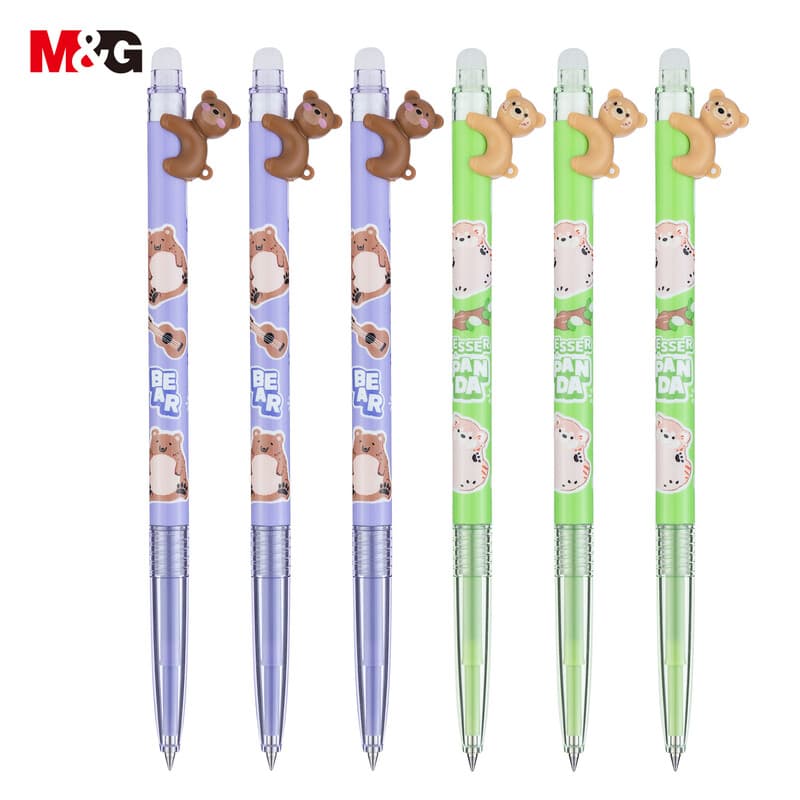 M&G Animaux en relief stylos gel effaçables, Lot de 6 stylos rétractables à encre bleu cristal, Pointe extra-fine 0,4 mm, Motif animal mignon, Écriture fluide avec prise confortable pour école, bureau et agenda