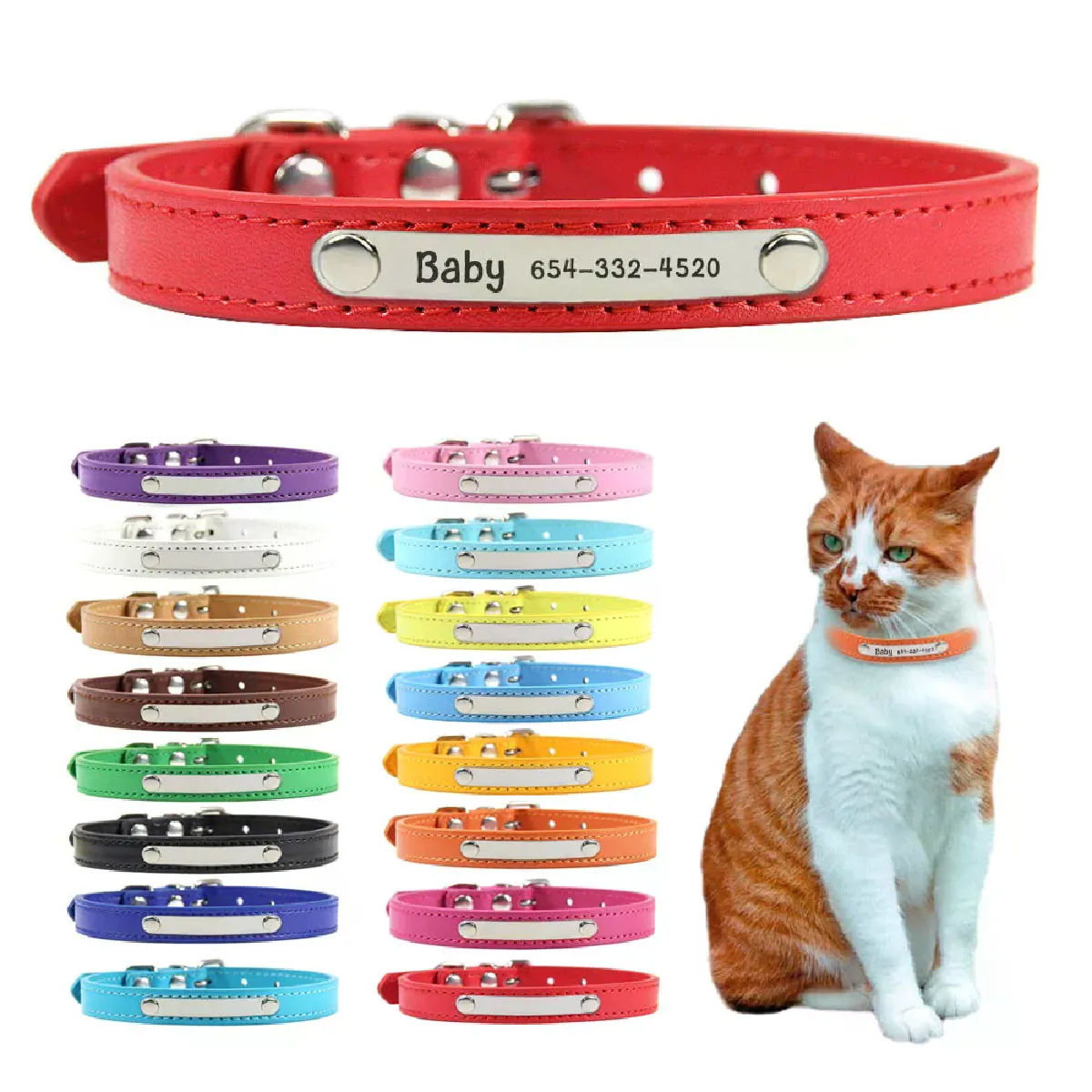Collier pour chat en cuir PU, collier personnalisé pour chaton, gravure du nom de l'identification, sangle de cou pour animal de compagnie pour chat pour petits chiens, accessoires pour chiots, collier~01303