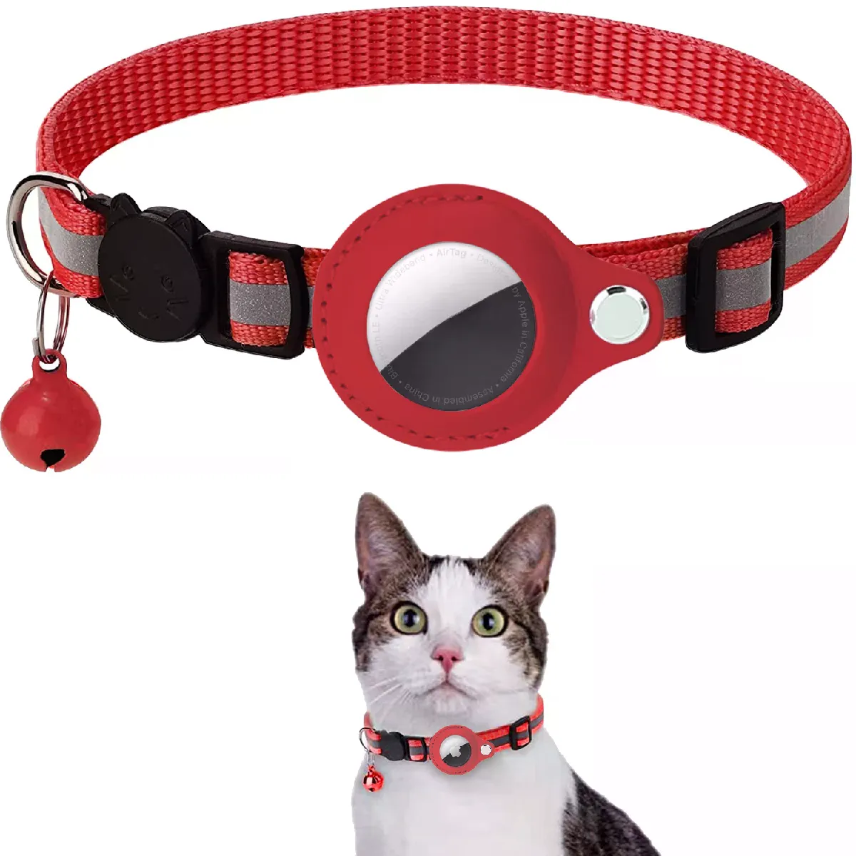 Collier pour chat Apple Airtag avec Bell Reflex, collier en nylon sans GPS pour la recherche anti-perte, suivi de localisation sans localisateur~01121